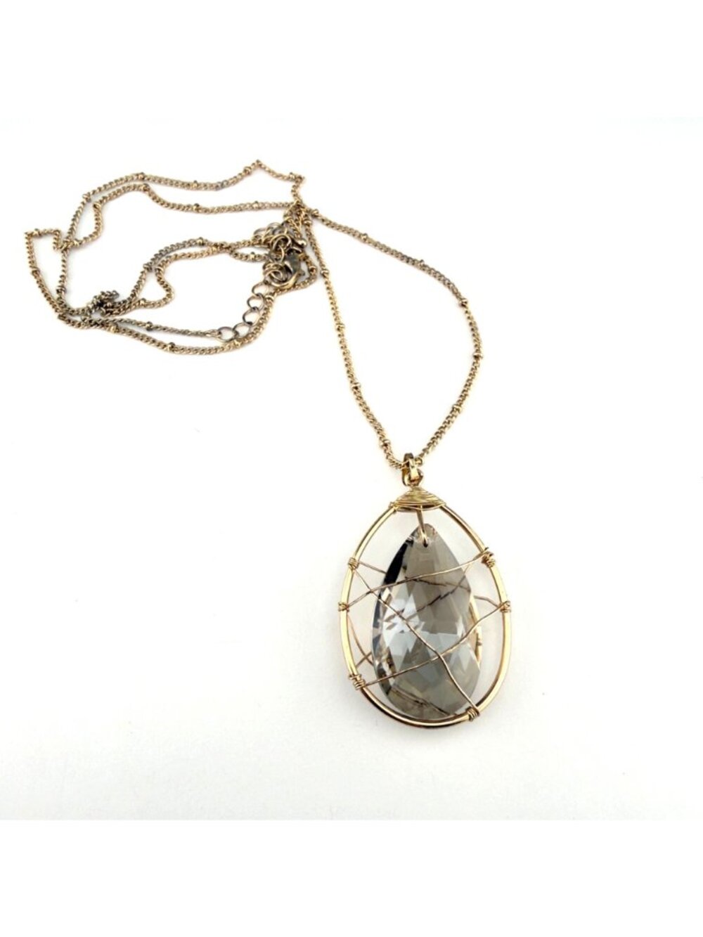 Wire Wrapped Crystal Pendant Necklace Teardrop Gold Tone Chain 36"